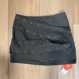 Cider Black Eyelet Trim Wrap-Style Mini Skirt